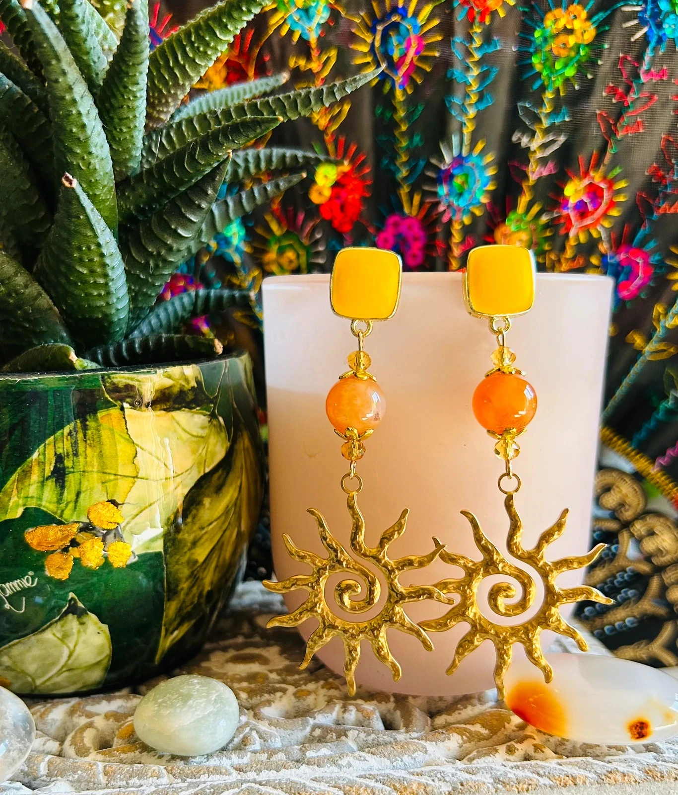 🔸🌞Boucles d’oreilles soleil et cornaline boho hippie chic Natural stone Carnelian sun earrings🌞🔸